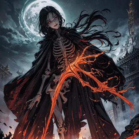 full-body shot, best quality, 4K, high resolution, masterpiece, Very detailed, Mood lighting, An undead girl in a long cape, Whole body including hands & arms & legs & feet are all skeleton bones but except the head is still beautiful human face, Wearing a...