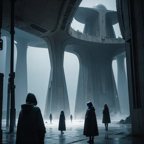 (Best Quality) Hooded people looking at the futuristic architecture of an alien civilization with dark color palette