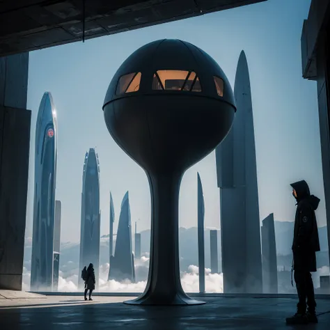 (Best Quality) Hooded people looking at the futuristic architecture of an alien civilization with dark color palette