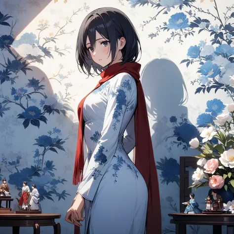 masterpiece, best quality, 1 girl, Mikasa Ackerman, Shingeki no Kyojin, very beautiful, Chinese style, red scarf, white wedding dress, oriental wallpaper, flowers, blue tones, frontal view, natural light, soft light, white background, shadow, black hair, f...