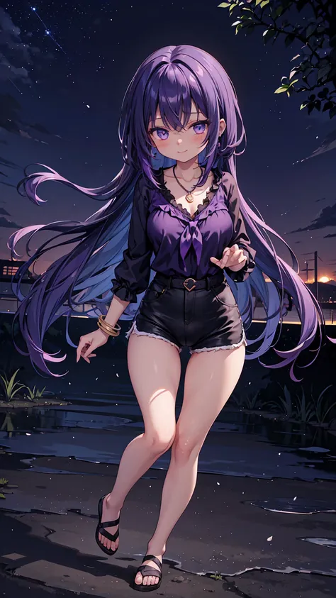 1girl, anime girl, anime, (dark skin), stylish girl, bracelet, necklace, earrings, 2d girl, 18y, (fullbody), standing, anime girl, seductive smile, (purple hair), flowing hair, hair flowing in the wind, ((darkblue blouse)), Solo, Slim, Big Breasts, Tight S...