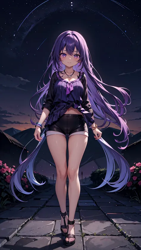 1girl, anime girl, anime, (dark skin), stylish girl, bracelet, necklace, earrings, 2d girl, 18y, (fullbody), standing, anime girl, seductive smile, (purple hair), flowing hair, hair flowing in the wind, ((darkblue blouse)), Solo, Slim, Big Breasts, Tight S...