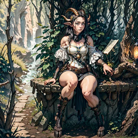 Female faun in the forest, Satyr, woman, fantasy(masterpiece, Best quality, Photorealistic, Detailed, shiny leather:1.2), irreproachable, 8 k, RAW, A high resolution, (dark night:1.1), goat legs, Fur legs, ungulate, goat horns, beard, long black hair, Look...