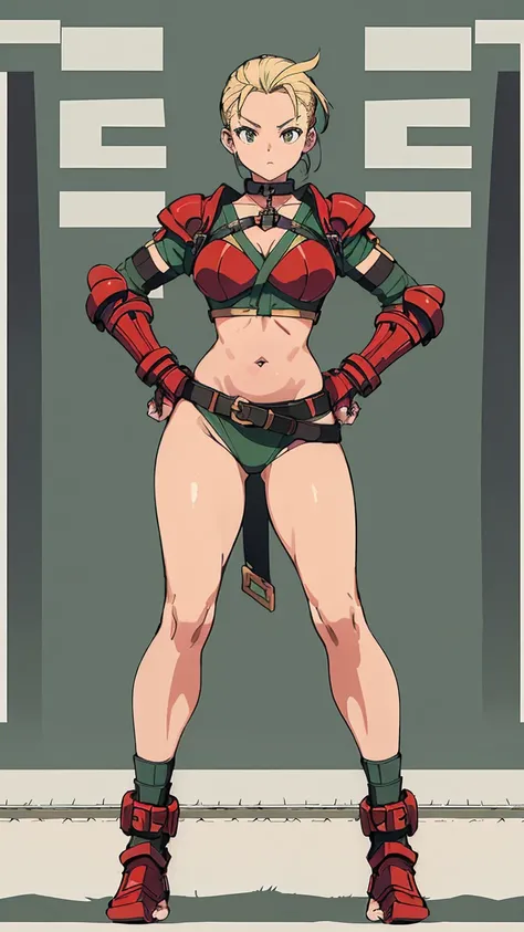 ((Full body photo,standing, feet on the ground)) ((Plain background 1:2)) (Cammy White Street Fighter 6) Female full body standing straight symmetrical looking to the viewer RED full body armored (handcuffs, shackles, rerebrace, faulds, poleyn, gauntlets, ...