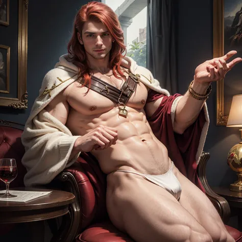 masculine, masterpiece, Hyperrealistic image of a sexy 30-year-old albino man., redhead, wearing glamorous white sorcerer&#39;s robes, exposed chest, hombre en Stupid, Stupid, seductive pose, magical glowing arcane sigils, a hand holds a green flame, looki...