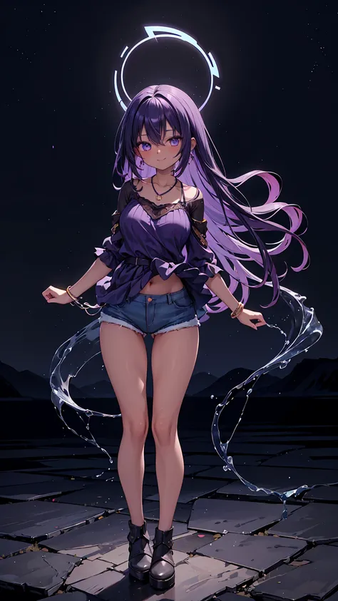 1girl, anime girl, anime, (dark skin), stylish girl, bracelet, necklace, earrings, 2d girl, 18y, (fullbody), standing, anime girl, seductive smile, (purple hair), flowing hair, hair flowing in the wind, ((darkblue blouse)), Solo, Slim, Big Breasts, Tight S...