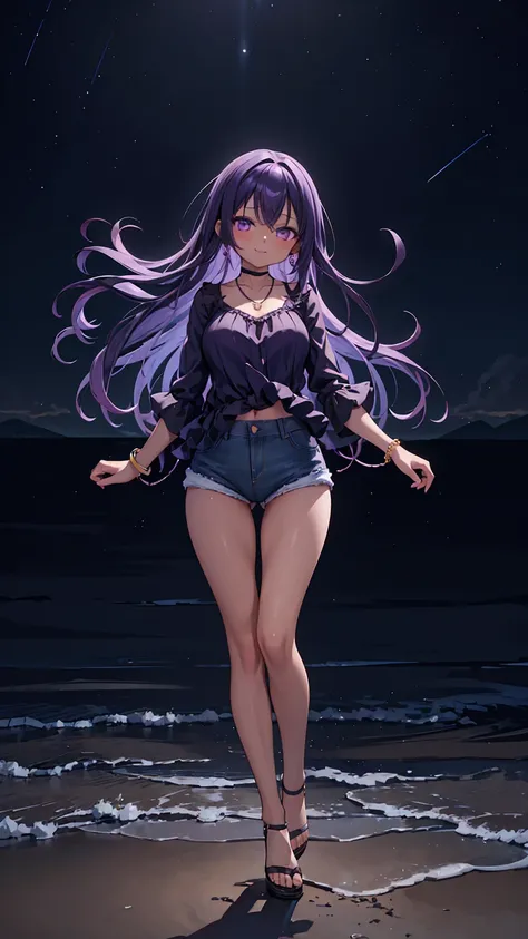 1girl, anime girl, anime, (dark skin), stylish girl, bracelet, necklace, earrings, 2d girl, 18y, (fullbody), standing, anime girl, seductive smile, (purple hair), flowing hair, hair flowing in the wind, ((darkblue blouse)), Solo, Slim, Big Breasts, Tight S...