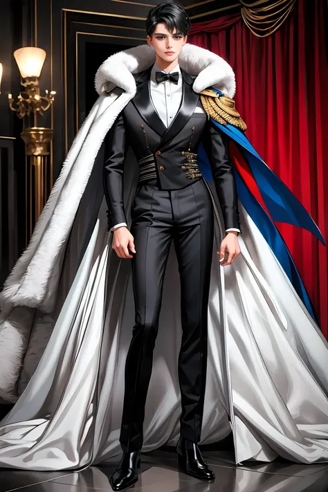 
masterpiece, 最high quality, high quality, 1 boy, alone, Male focus, Watching the audience,  Messy black hair, Adorable big blue eyes, White, Noble, Noble,A sexy, voluminous, puffy cape、tuxedo、A very voluminous, large, very large, very large, long, long re...