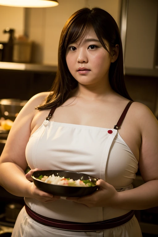 1 female, over weight, chef, extremely fat, chubby, Japanese, 4k, High resolution, masterpiece, of the highest quality, thin skin, sharp focus, (cinematic lighting)