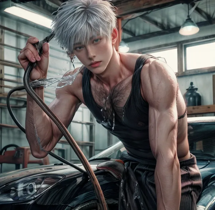 1boy, adult, handsome, perfect face, detailed eyes and face, clean shaved, muscular, capturing a rural atmosphere, dynamic lighting, unreal engine 5, hd picture, satoru gojo, white hair, short hair ,hair between eyes ,blue eyes, white skin, milk pink nippl...