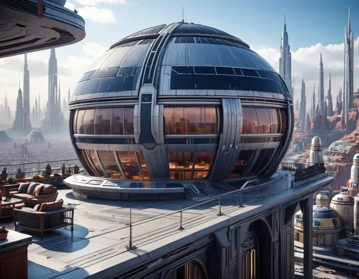 View from a terrace on Coruscant city in Star Wars, Huge futuristic building, (design：doug chiang), Top quality machine with intricate details, Cinematic Style, Absolute sharpness, 8k images.(masterpiece).