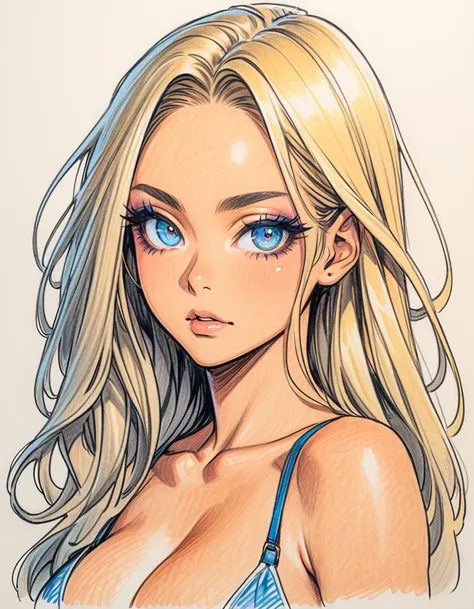 upper body, from front, female, Art, ad, (color pencil drawing), draft drawing, illustration, bra, panties, big busts, blonde hair, thick bluish eyeshadow, thick black eyeliner, Highlighted eyes with eyeliner, false eyelashes ,(tanned skin:1.2), long hair