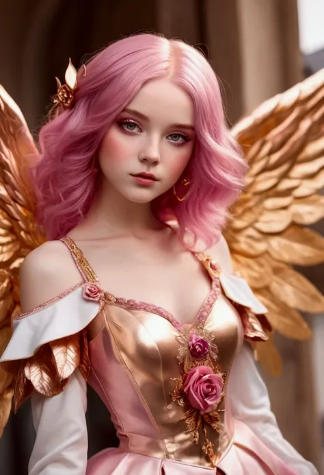 Adorable fair skinned pink haired magenta eyed European and slender young Angel woman pink gold rose gold color themed outfit