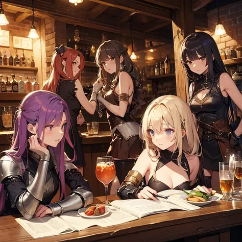 A group of  female medieval fantasy adventurers, (in tavern), various hair styles, harem, night, details face, short skirt, seducing, sleeveless, armor 