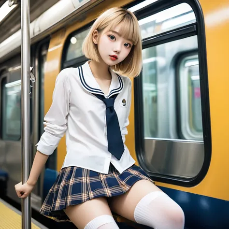 1Thin and slender girl, You sneak into the gap between the thighs in the skirt of a girl on the train, look up at her panties from below, focus on her panties, and take a very close-up spy shot, cute camel toe detailed, (Masterpiece, Super realistic, Super...