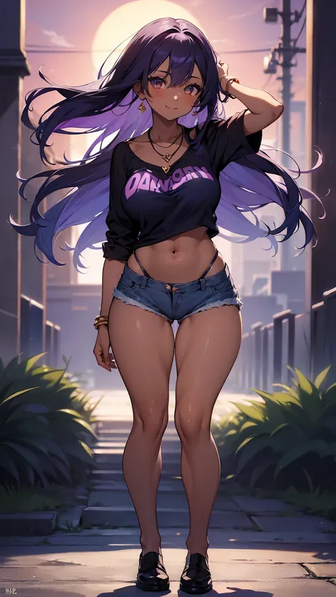 1girl, anime girl, anime, (dark skin), stylish girl, bracelet, necklace, earrings, 2d girl, 18y, (fullbody), standing, anime girl, seductive smile, (purple hair), flowing hair, hair flowing in the wind, ((darkblue blouse)), Solo, Slim, Big Breasts, Tight S...