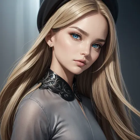 Her skin is a smooth, even tone, with no visible imperfections. The texture appears fine and matte. She has long, golden blonde hair with a slight natural wave. Her eyes exhibit heterochromia central, with the center of each iris being a dark sky blue and ...