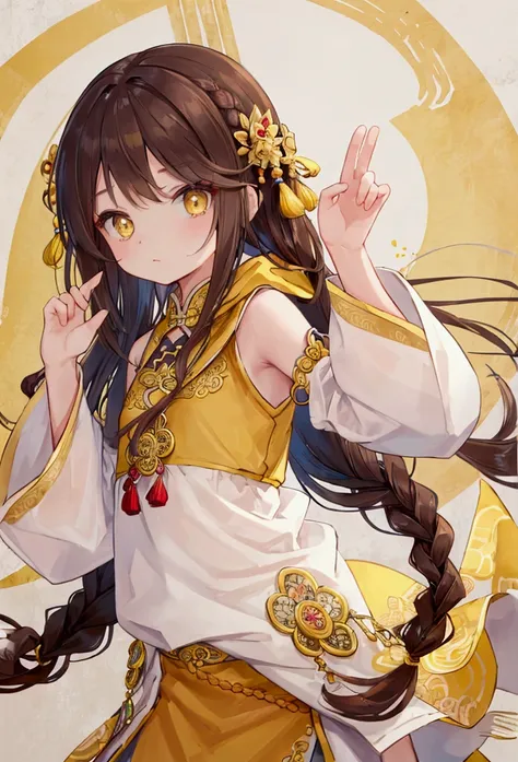 masterpiece, best quality,flat chest, cute eyes, twin braid, dark brown hair,yellow antiquity chinese clothes
