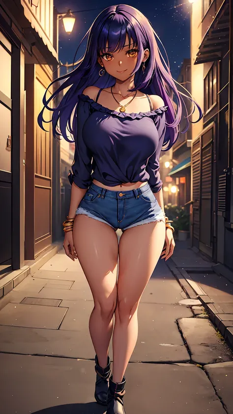 1girl, anime girl, anime, (dark skin), stylish girl, bracelet, necklace, earrings, 2d girl, 18y, (fullbody), standing, anime girl, seductive smile, (purple hair), flowing hair, hair flowing in the wind, ((darkblue blouse)), Solo, Slim, Big Breasts, Tight S...