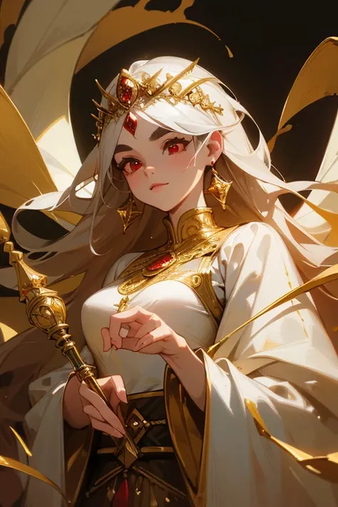 (Highest quality, masterpiece:1.2), High resolution, Very detailed, Realistic:1.37, Fantasy, An illustration, Red eyes, Queen, White Dress.Thick eyebrows、(Fancy gold decoration).