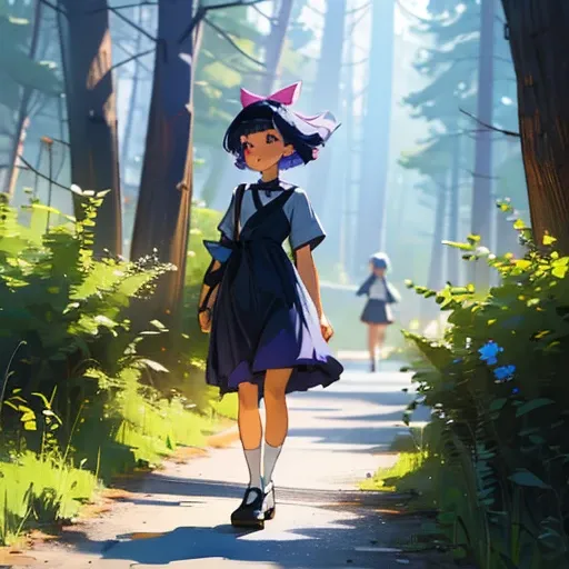 Young girl short navy blue hair, in a purple and blue dress, with black bows, White socks, black shoes, pink eyes, walking in a forest, with confused look 