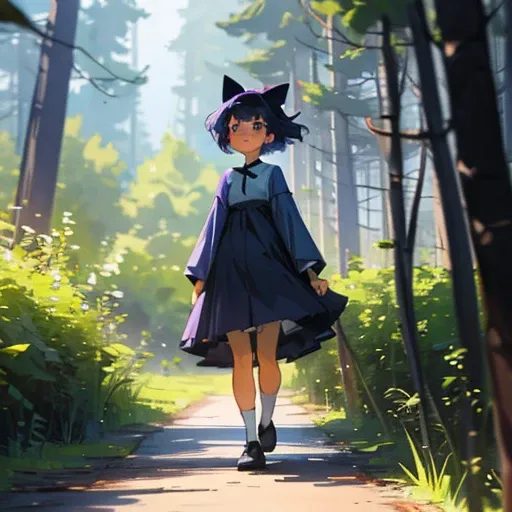 Young girl short navy blue hair, in a purple and blue dress, with black bows, White socks, black shoes, pink eyes, walking in a forest, with confused look 