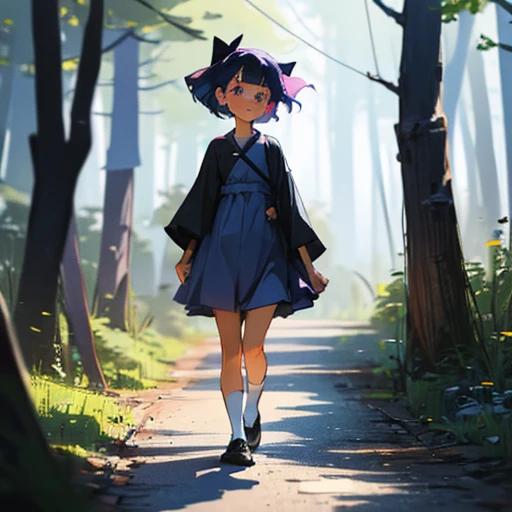 Young girl short navy blue hair, in a purple and blue dress, with black bows, White socks, black shoes, pink eyes, walking in a forest, with confused look 