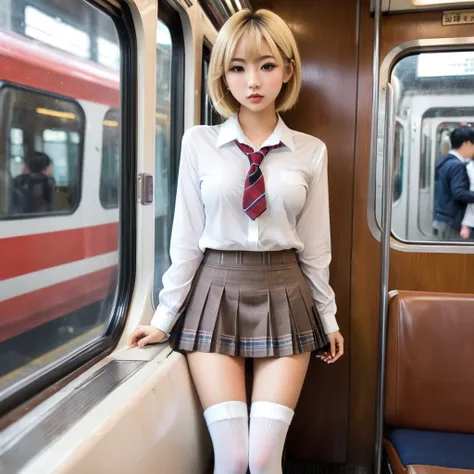 NSFW, 1girl, You are a professional photographer and you look down to lick the girls body from a distance so that you can feel the girls breath on the train and photograph her!, (Masterpiece, Super realistic, Super details, Super Highest Quality, Super Hig...