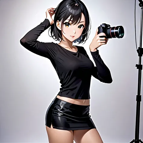 Black hair woman (beautiful) posing in front of the camera, wearing short black miniskirt