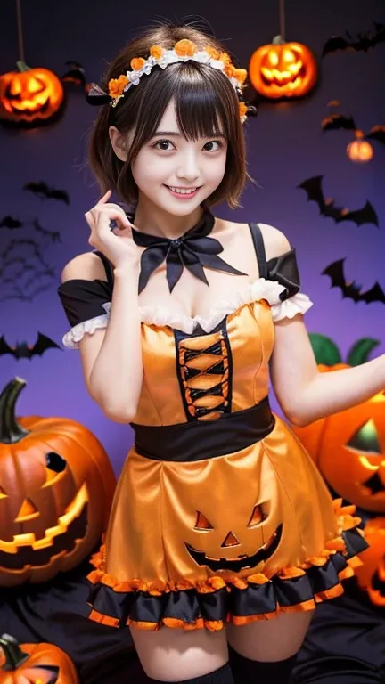 (1girl,spreaded legs,extremely cute girl,beautiful girl,ultra detailed face,detailed dropped eyes,charming smile,short hair,japanese young girl:1.5),(halloween costume:1.75),monster costume,pumpkin,jack-o-lantern,best quality,4k,8k,highres,masterpiece,ultr...