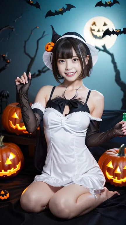 (1girl,spreaded legs,extremely cute girl,beautiful girl,ultra detailed face,detailed dropped eyes,charming smile,short hair,japanese young girl:1.5),(halloween costume:1.75),monster costume,pumpkin,jack-o-lantern,best quality,4k,8k,highres,masterpiece,ultr...