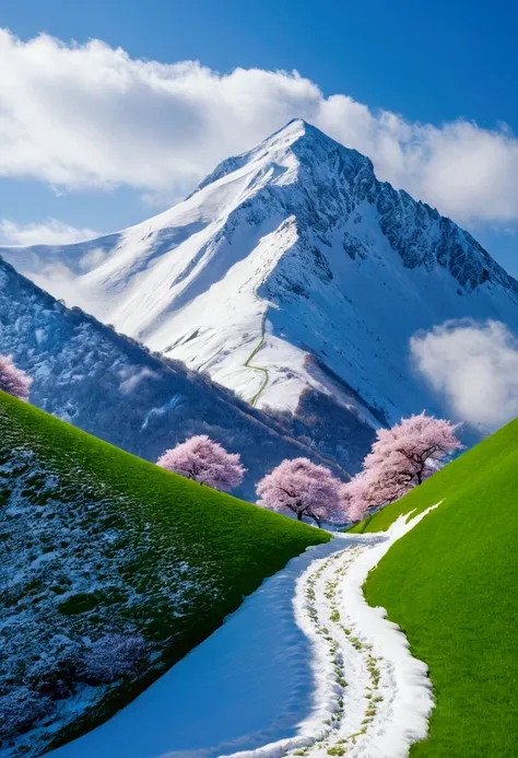 snow scene images　A picture showing a mountain in the distance　There is a green hill in front　Fantasy　lush scenic landscape　I feel spring too　空がFantasyで早朝のような光