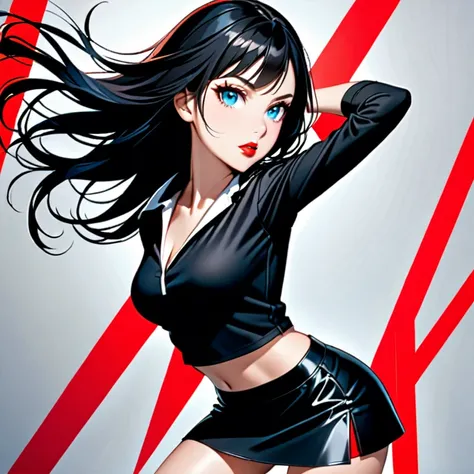 pose. Woman fine face, Red lips, long black hair, Blue-eyed, wearing short black miniskirt.