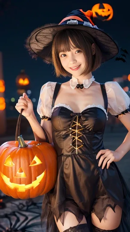 (spreaded legs:2.0),(1girl,extremely cute girl,beautiful girl,ultra detailed face,detailed dropped eyes,charming smile,short hair,japanese young girl:1.5),(halloween costume:1.75),monster costume,pumpkin,jack-o-lantern,best quality,4k,8k,highres,masterpiec...