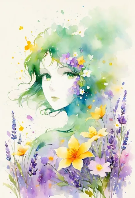 This watercolor flower painting shows an elegant and fresh visual effect..。Fields of wildflowers and lavender，The perfect combination of nature and romance。The screen is dominated by a white background，Highlight isolated watercolor flower。Splash technology...