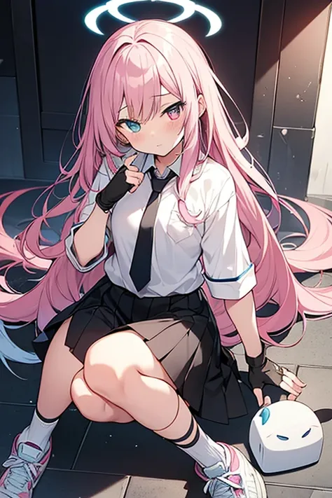 {{hoshino (blue archive)}},halo,heterochromia,pink hair,long hair, fingerless gloves,black gloves,necktie,collared shirt,pleated skirt,white socks,sneakers,