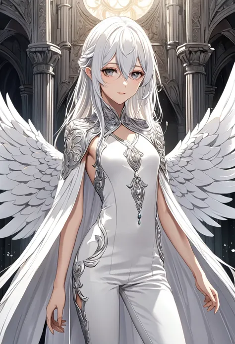 Chico, thin and fragile body, long white hair, white eyes, silver tunic, white pants, big white wings
