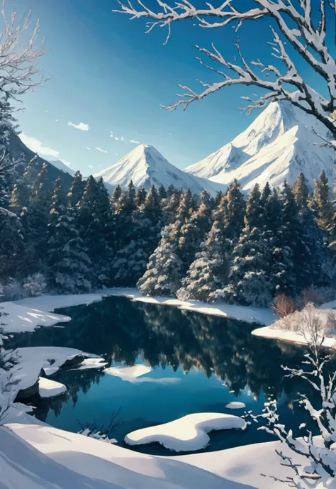 snow scene images　A picture showing a mountain in the distance　There is a green hill in front　Fantasy　lush scenic landscape　I feel spring too　空がFantasyで早朝のような光　There is a large lake in the center　I can see the forest too