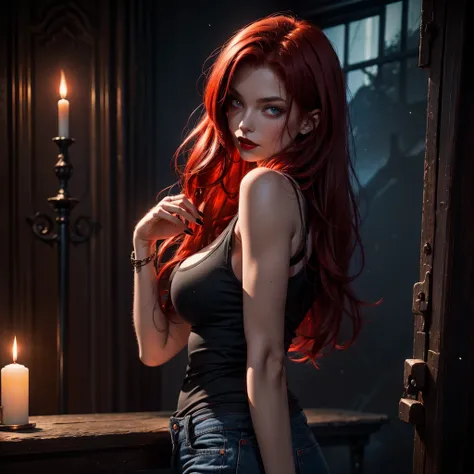 A completely dark female with red hair, blue jeans and a black tank top with red lips and large blue eyes like fireflies shut above a mysterious pagan Gothic altar