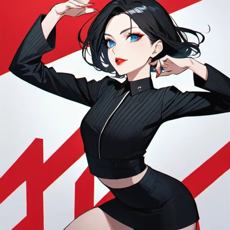 pose. Woman fine face, Red lips, long black hair, Blue-eyed, wearing short black miniskirt.