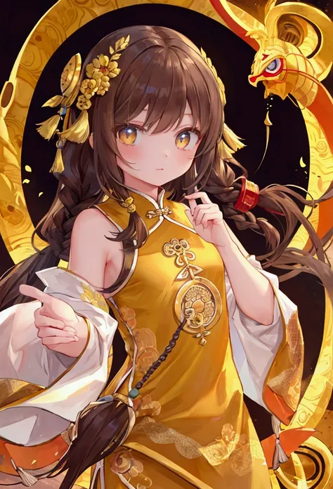 masterpiece, best quality,flat chest, cute eyes, twin braid, dark brown hair,yellow antiquity chinese clothes