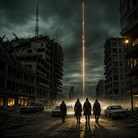 ((Best Quality)), ((masterpiece)), (detailed), 4 people, that they are dressed as survivors, post apocalyptic city, destructive, broken city, broken buildings,  forest landscape, dark, at night, Size 