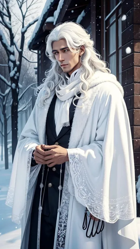 A tall man with a beautiful angelic face, he has curly white hair that reminds him of a snowy afternoon, He has a mysterious appearance with beautiful dark skin. 