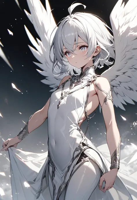 Chico, thin and fragile body, long white hair, white eyes, silver tunic, white pants, big white wings
