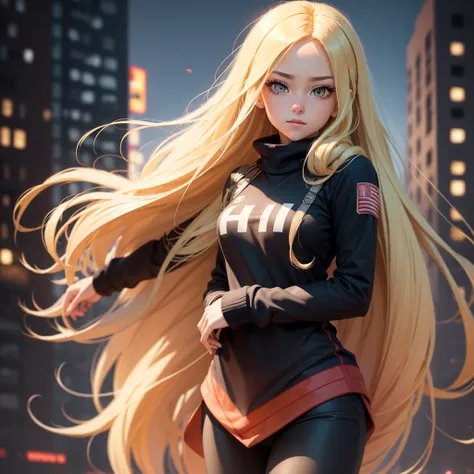 masterpiece, high quality, perfect face, high texture, 1 girl, 1 person, cheered up, My Hero Academia, long blonde hair, Red eyes, timide way, black sweater, Black pants, background of a city 