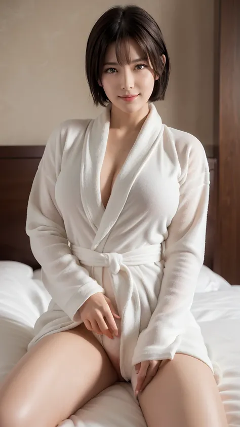 ((Highest quality))、((masterpiece))、(detailed)、woman、Japanese、若いwoman、((Wearing a white bathrobe))、Hotel Rooms、short hair、Bob Hair、Black Hair、G-cup breasts、Spread your legs a little、((Spread your legs a little to feel more free))、((Caressing the crotch))、(...