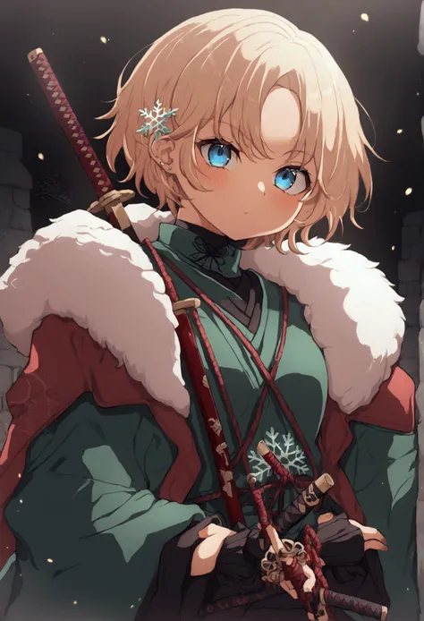 1 girl, short-hair, hair with some blue strands, blue colored eyes, demon slayer style clothing, hashira, katana with snowflake symbols, Fundo Branco Roupa da Shinobu de Kimetsu no Yaiba