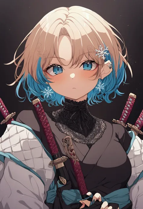 1 girl, short-hair, hair with some blue strands, blue colored eyes, demon slayer style clothing, hashira, katana with snowflake symbols, Fundo Branco Roupa da Shinobu de Kimetsu no Yaiba