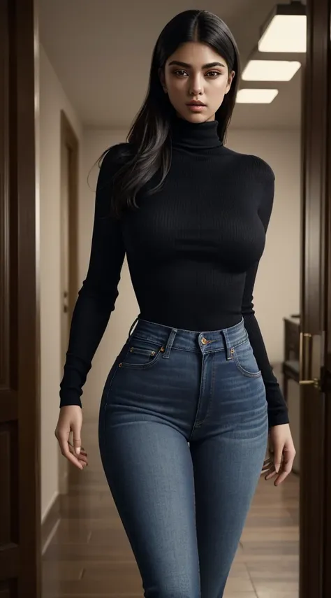 or_shameless_sg, orlhando para o visualizador,  (black turtleneck, blue denim jeans), beautiful perfect body, high resolution, w...