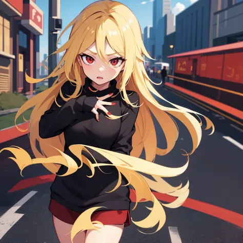 masterpiece, high quality, perfect face, high texture, 1 girl, 1 person, cheered up, My Hero Academia, long blonde hair, Red eyes, timide way, black sweater, Black pants, background of a city 